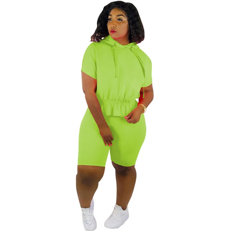 

Neon Green Two Piece Set Summer Clothes Women Short Sleeve Ruffles Hooded Sweatshirt and Biker Shorts Suit Casual 2 Piece Outfit