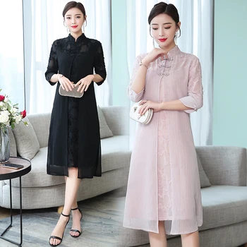 

2020 chinese dress improved women knee length cheongsam chinese traditional embroidery dresses mandarin collar qipao vestidos