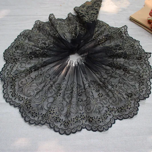 

18cm 7.08inch wide -2yards/lot Embroidered Tulle Lace Trim in Black+Light Gold~Gorgeous Beauty~,Vintage Gold Mesh Lace Trim
