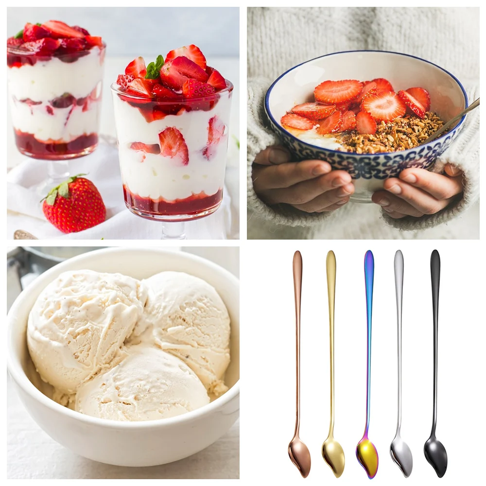 Cuillères,Cuillère à mélanger à Long manche en acier inoxydable, cuillère en forme de mangue