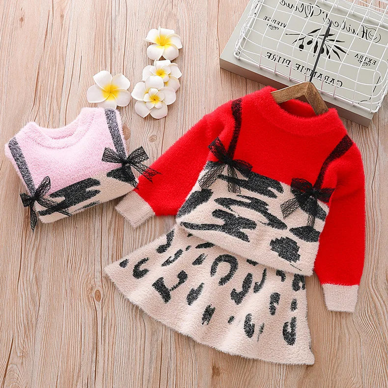 New winter girl A word skirt 2pcs suit children imitated mink sweater leopard two-piece sets