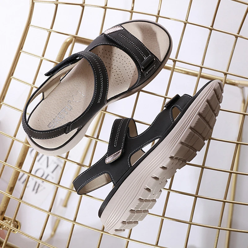Women PU Leather Sandals Shoes Platform Summer Beach Hook Loop Non Slip Plus Size 41 42