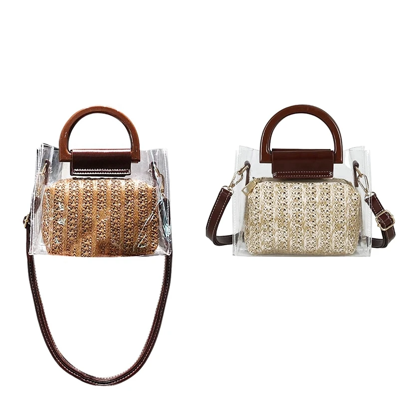 

BEAU-2 Pcs Transparent Bag Summer Straw Messenger Bag Two-Piece Female Transparent Bag Handbag Shoulder Bag, Brown & Khaki