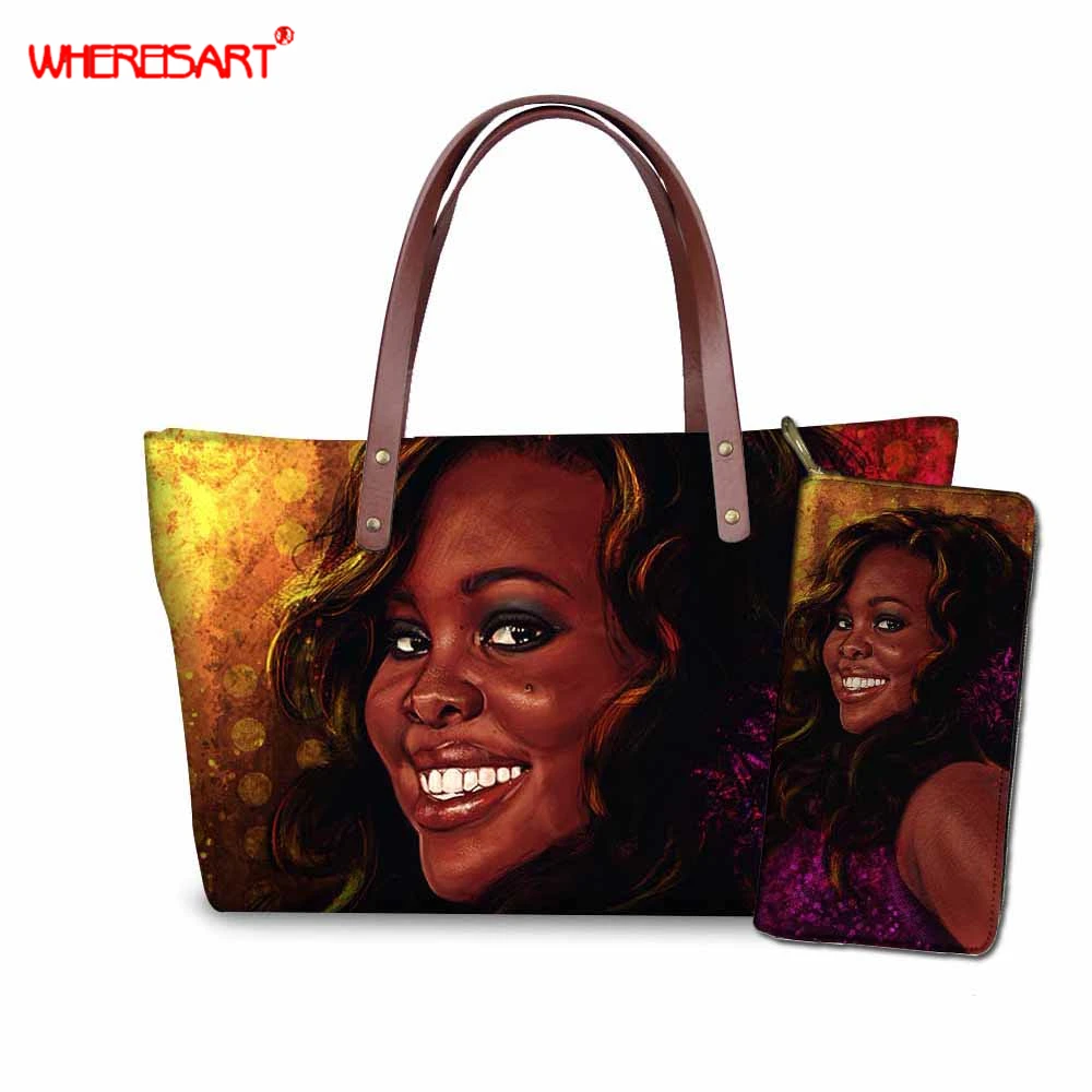 

WHEREISART Women Handbags 2Pcs Black Art Printing Afro Girls Hand Bag African Shoulder Bag 2019 Summer Beach Bag Large Tote