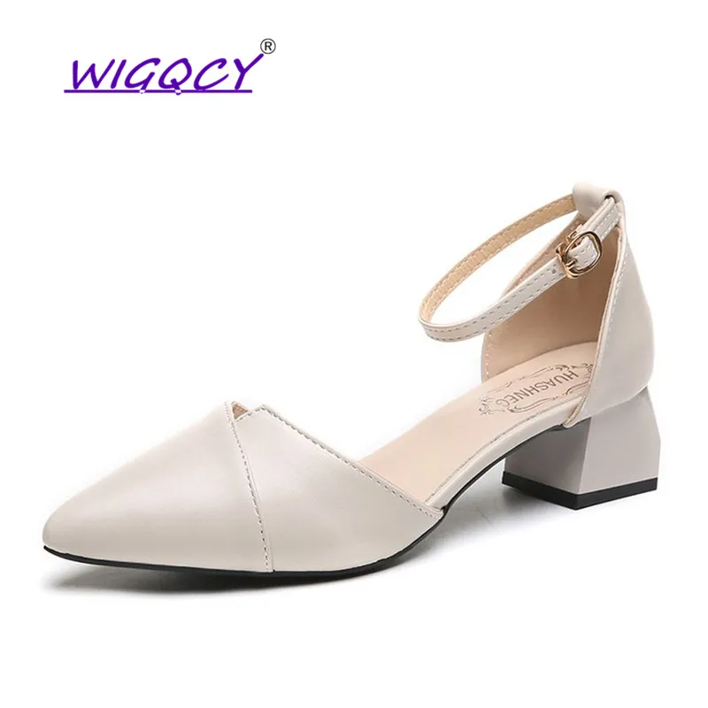 

Pointed Toe High heels pumps women shoes 2019 Summer shoes women Fashion Buckle Strap Square heel Soft Leather sandals women