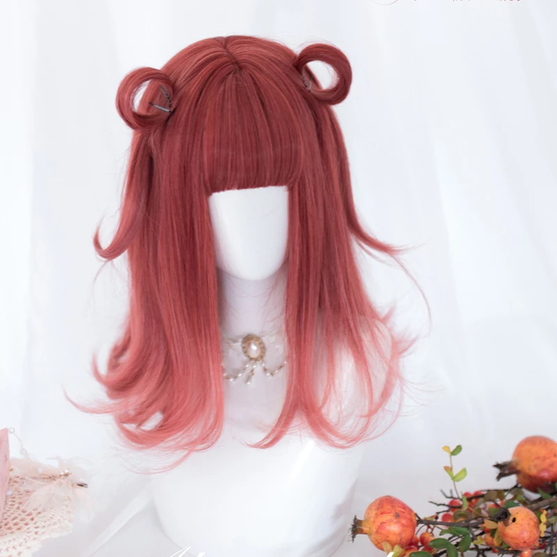 

Kawaii Lolita Wig Gradual Red Raspberry Harajuku Fairy Cosplay Sweet Bangs Curly Long Adult Party Girls Hair