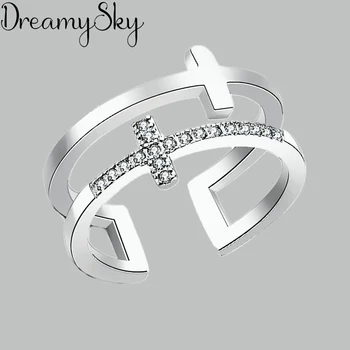 

Vintage Real Pure Silver Color Crystal Cross Rings for Women Wedding Big Open Finger Ring Anillos Anelli