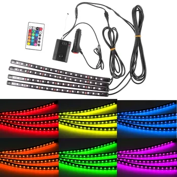 

4strip/set Voice Control Interior Decorative Atmosphere Neon Light Lamp Wireless Remote Multi Color RGB Car Lighter Charge 12V