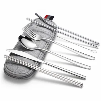 

Portable Cutlery Set Rainbow Stainless Steelcutlery Set Camping Tableware with Metal Straw Spoon Fork Chopsticks Dinnerware Set