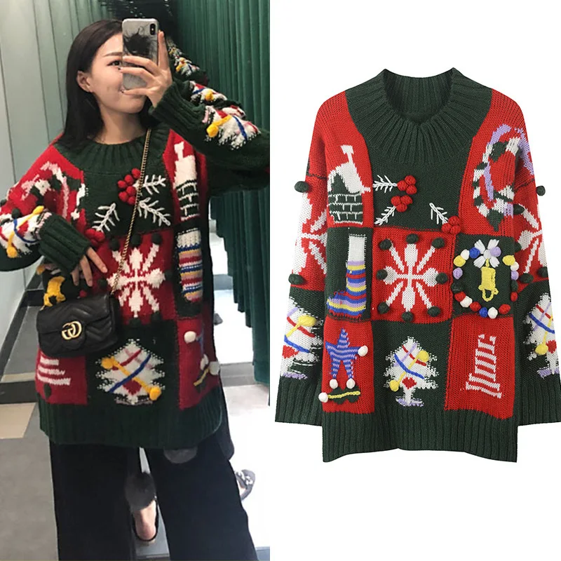 New Christmas round neck Snowflake tree sweater chic lazy wind Pullover | Женская одежда