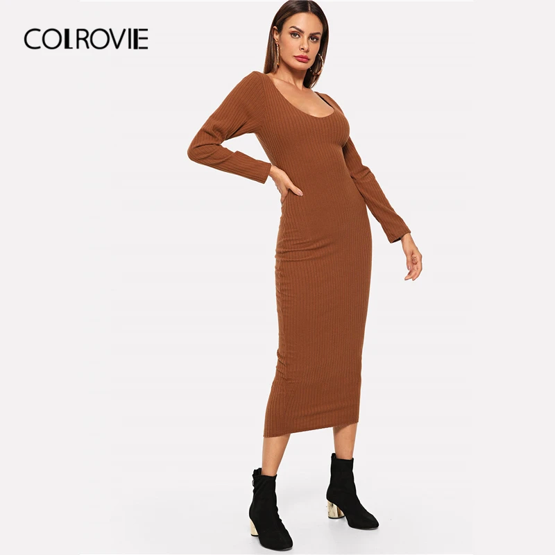 COLROVIE коричневый ребристый сплошной Тощий свитер платья для женщин осень совок шеи длинный рукав тонкий крой женские элегантные длинные платья