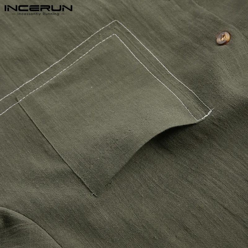 INCERUN Vintage Casual Shirt Men Cotton Solid Button Stand Collar Chinese Style Long Sleeve Shirts Men Streetwear Camisa
