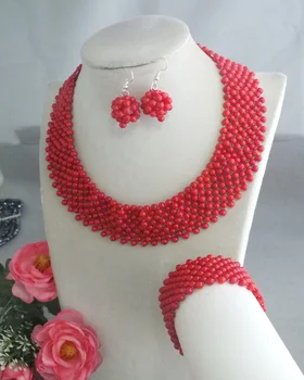 

NEW-5130 Fashion Design Handmade Red Coral Beads Jewelry Set For Party