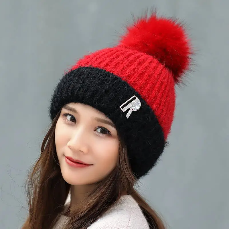 black and red Мягкие зимние шапки с кроличьими ушками для женщин, вязаные шапки с помпонами, шапки для девочек, шапки с помпонами из натурального меха, Повседневная теплая шапка с надписью Gorros R - Цвет: black and red