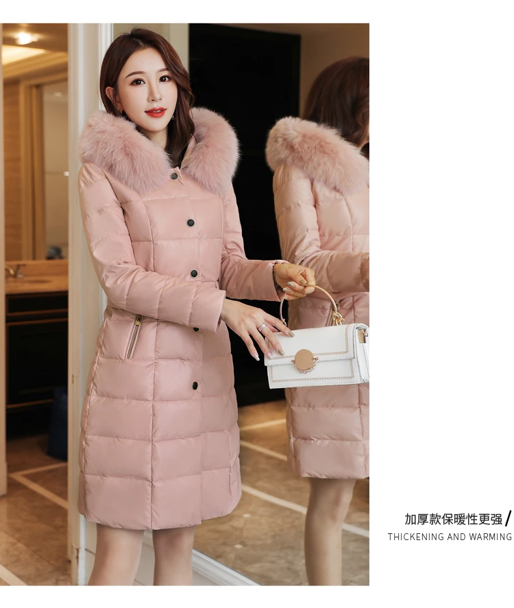 HANZANGL New Winter Women's Leather Down Jacket Korean Version Slim long Fox Fur Collar Fur Coat Women's Clothing