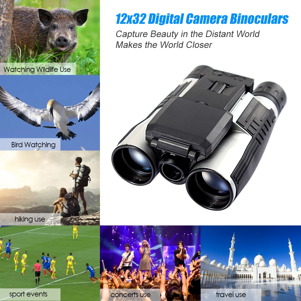 Digital Camera Binoculars 12x32 Outdoor High Definition Telescope Multi-Functional Video Recording Binoculars 2" LCD Display