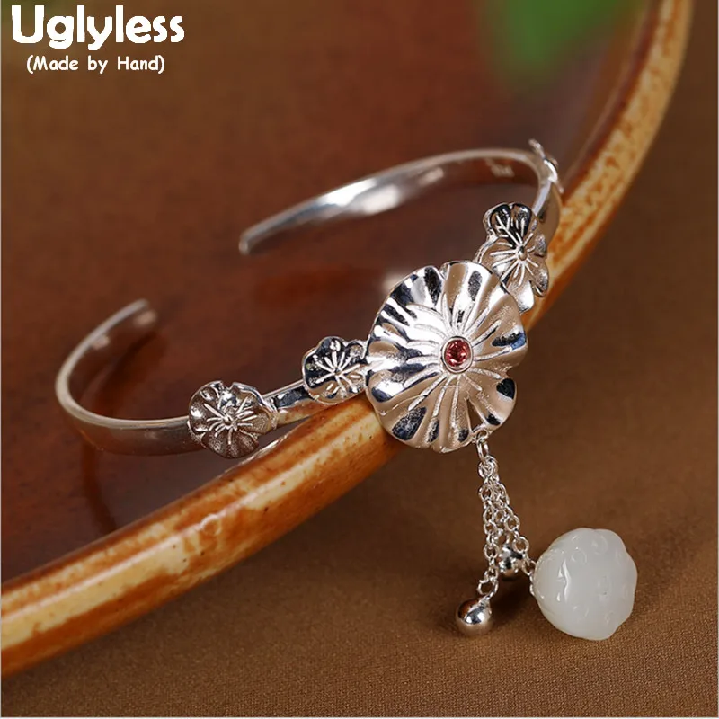 

Uglyless Solid 925 Sterling Silver Glossy Lotus Leaves Open Bangles for Women Natural Jade Lotus Flower Balls Tassels Bangles