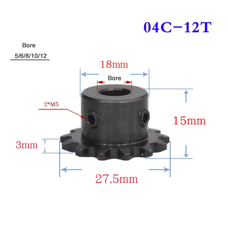 1Pcs 04C 12 Teeth Sprocket Wheel Chain Gear Bore 5-12mm Industrial With Top Wire