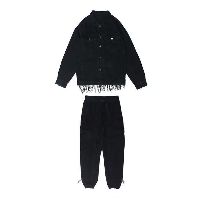 Комплекты из 2 предметов, мужские модные рваные джинсовые куртки, пальто и свободные штаны на молнии, джоггеры, комплект уличной одежды в стиле хип-хоп - Цвет: Black Sets