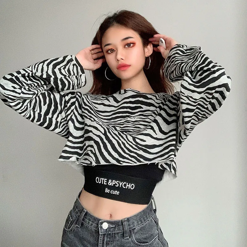 2pcs Women's Top Set Long Sleeve Round Neck Zebra Print Short Top + Letter Print Short Black Strap Hight Street Lady Clothing
