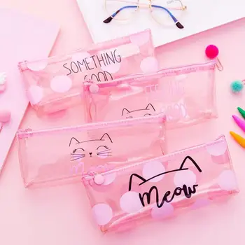 

Cute Cats Pencil Cases for girls Pink PVC Transparent Pen Bag School Supplies Stationery pouch Cute Pencil Box