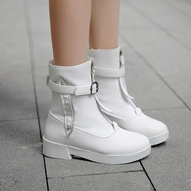 

US4-11 Womens Round Toe Central Zipper Ankle Boots Block Heel Belt Buckle Warm Winter Shoes Punk Motorcycle Black White Plus Sz