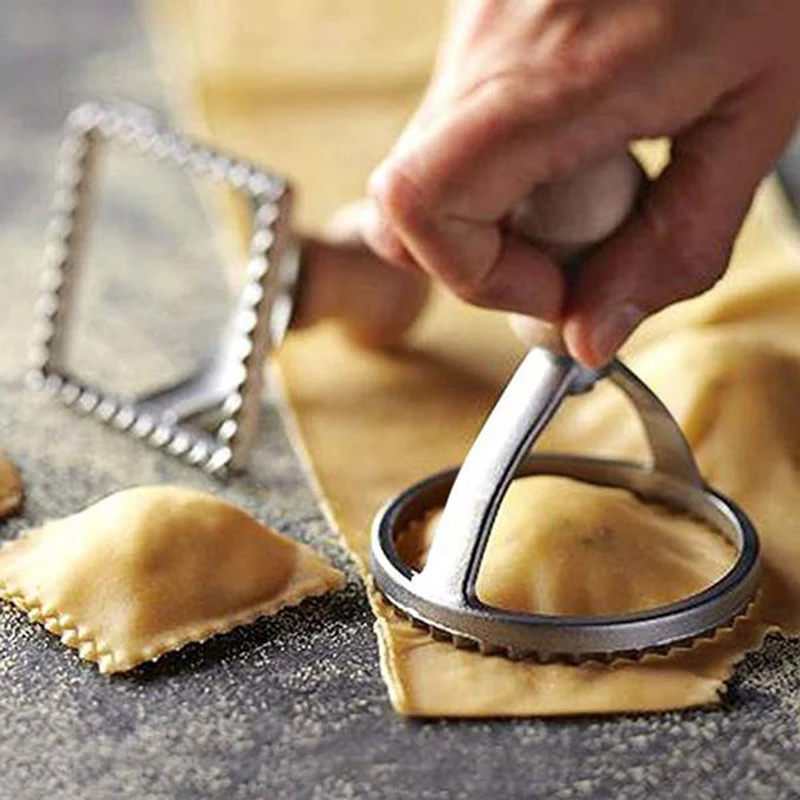 Ravioli Stamp Maker Cutter with Roller Wheel Set, Mold with Wooden Handle  for Fluted Edge, Pasta Press Kitchen Attachment