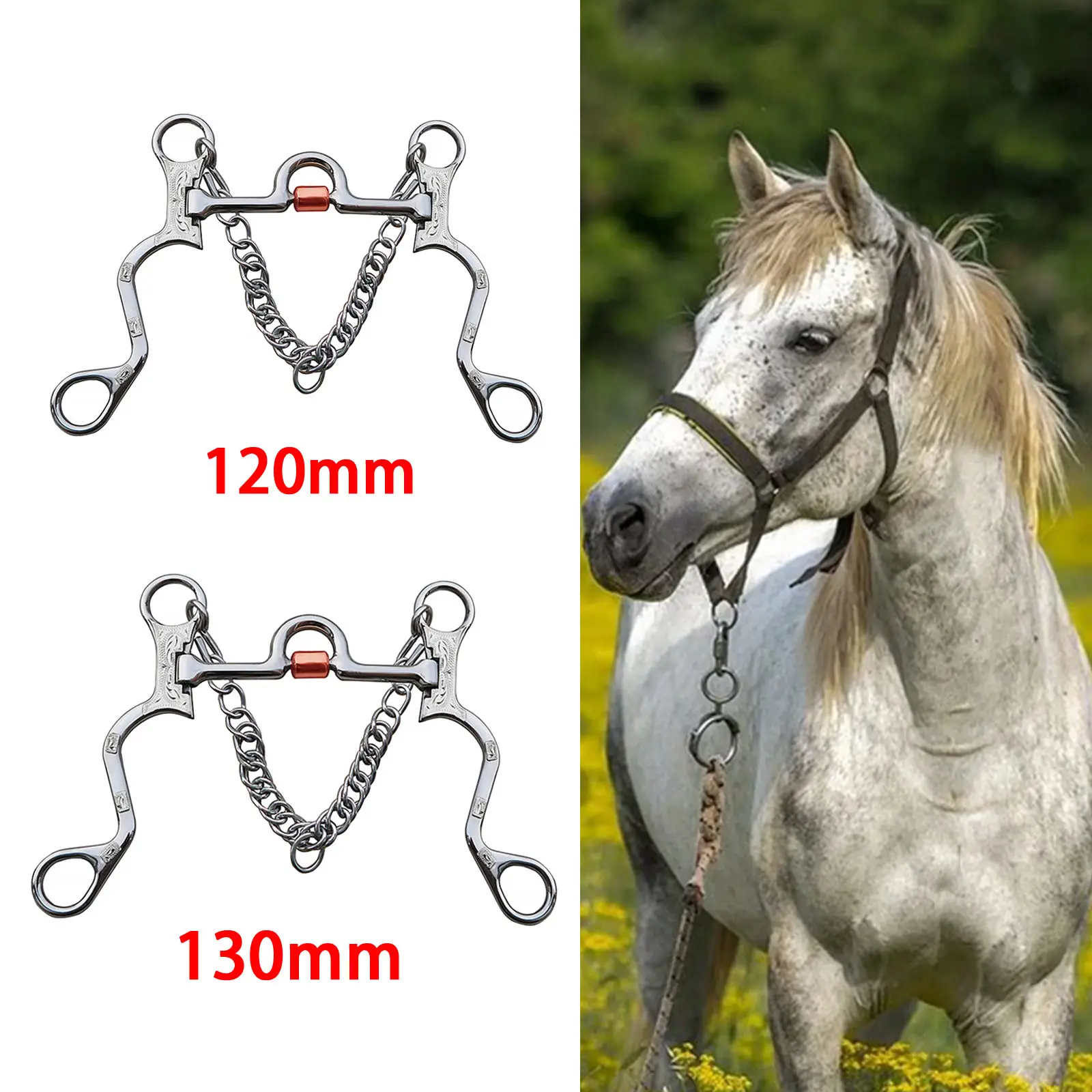 Stainless Steel Horse Bit Copper Mouth Sweet Iron W/Curb Hooks Chain with Silver Trims Harness Antirust for Training Equipment 5