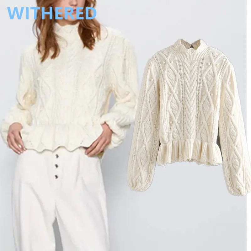 

Withered england high street vintage Twisted knitted turtleneck white sweaters women pull femme sweaters women pullovers tops
