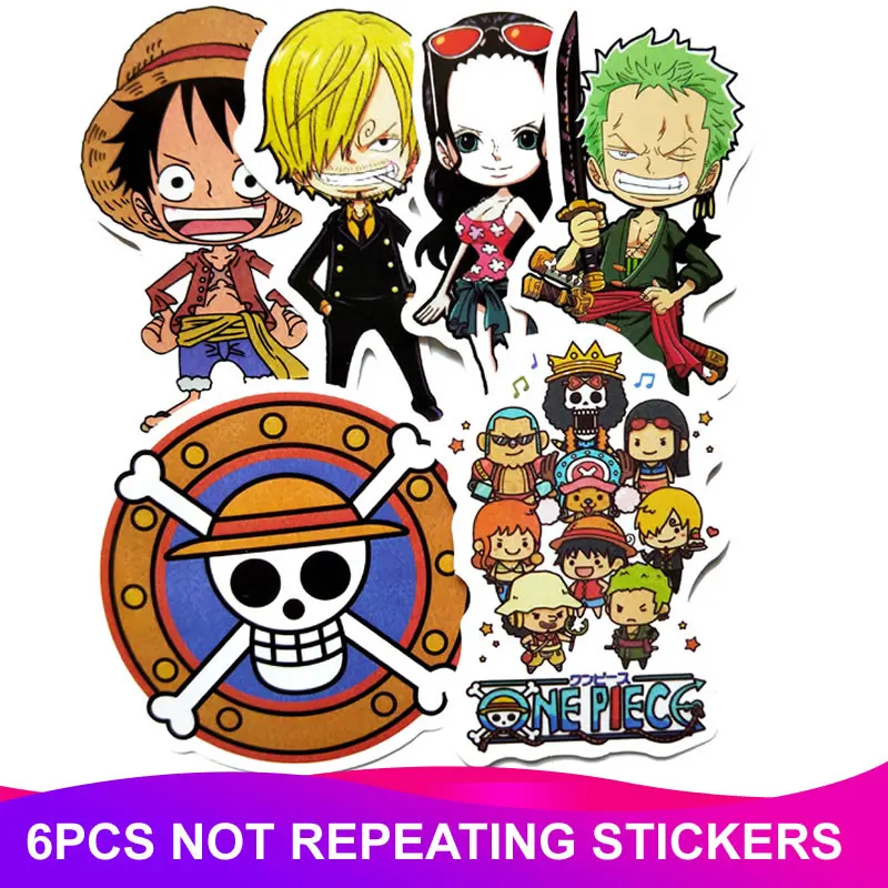 

6pcs/Pack Anime One Piece Funny Stickers Waterproof Skateboard travel Luggage Suitcase Motorcycle Laptop Stickers Classic Toy