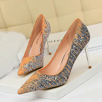 

glitter bling pumps Women luxury High Heels shoes pointed toe sandals fashion Slip on Slides shallow mixed color zapatos mujer