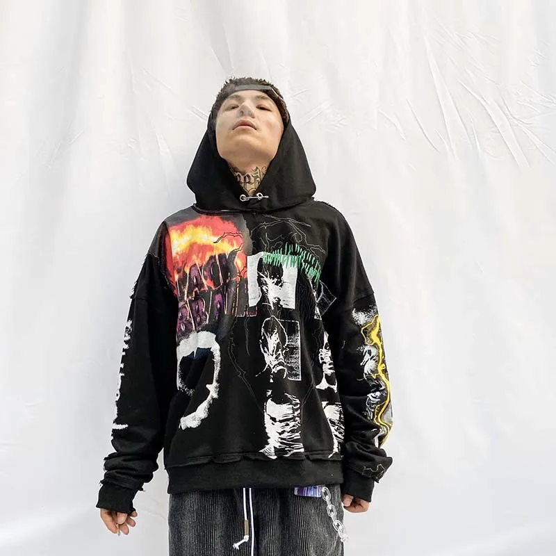 UNCLEDONJM, Мужская толстовка в стиле хип-хоп с граффити, Harajuku, уличная одежда, пуловер с капюшоном, хлопок,, осень, зима, NF-T09