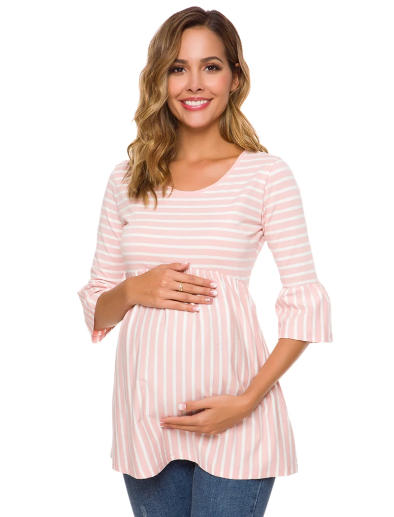 Топы для материнства беременных с оборками, футболки, женская одежда, однотонная туника с рукавом 3/4, свободная одежда для беременных, мягкий хлопок - Цвет: pic