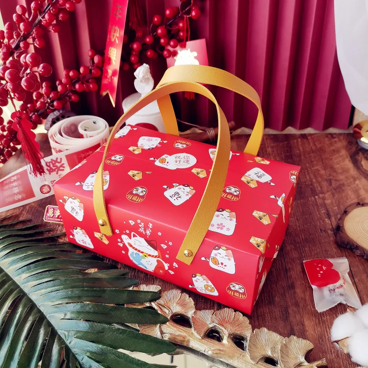 10PCS Happy lucky Cat Portable Paper Box Baking Tea Box Red Leather Handle box Wedding birthday gift holiday packaging Handbag
