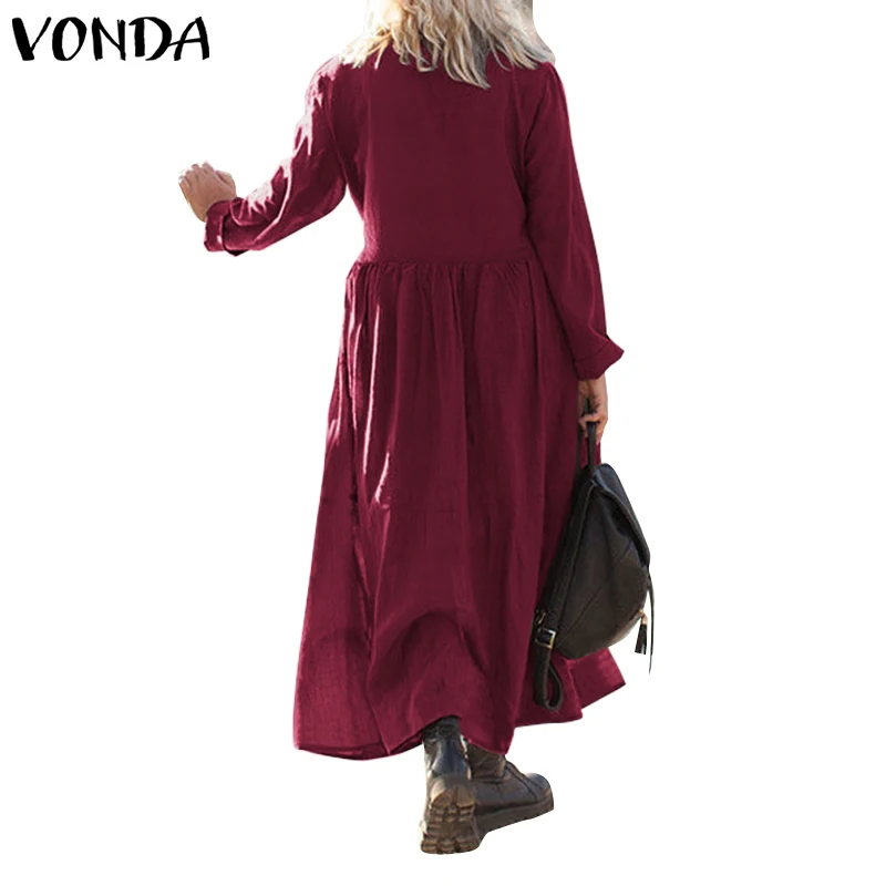 VONDA/женское Хлопковое платье макси; Повседневное платье с длинным рукавом для беременных; свободное платье с отворотом на пуговицах; длинное платье в богемном стиле; Vestidos