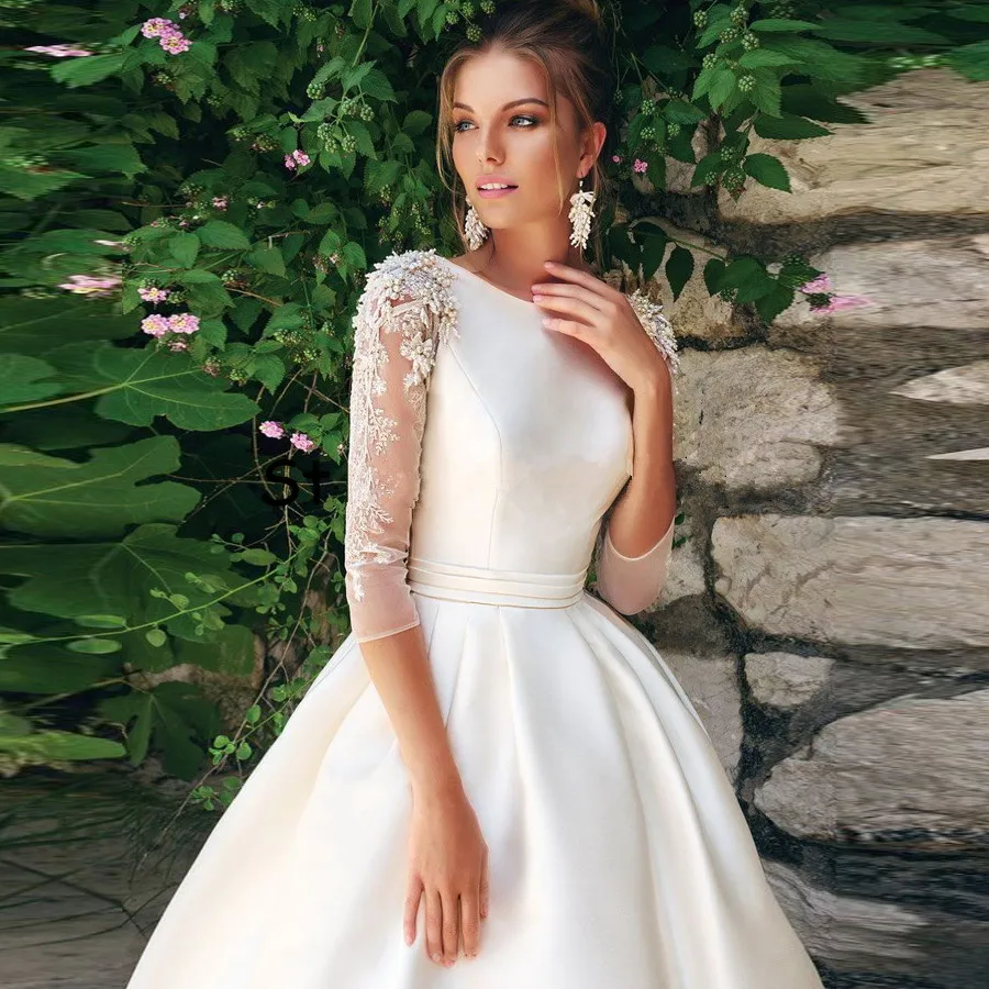 Vestido de novia белое свадебное платье с открытой спиной свадебное платье невесты 3/4 рукава отделка бисером свадебные платья