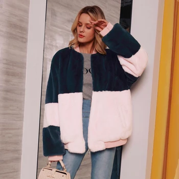 

Casual Winter Warm Artificial Fur Women Coat Contrast Color Black And Pink Outerwear Loose Long Sleeve Wadded Jacket Feminine