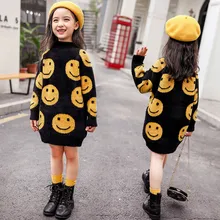 Осенне-зимнее платье для девочек; детский вязаный длинный свитер; Детская уличная одежда; жаккардовая теплая бархатная одежда со смайликом для детей от 4 до 14 лет