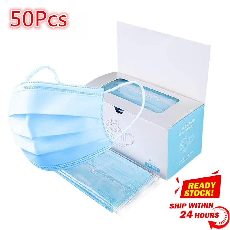 

50Pcs CE Certification Disposable mask 3-Layer Non-woven Disposable Soft Breathable Flu Hygiene Face Mask Features KF94 FF2 Mask