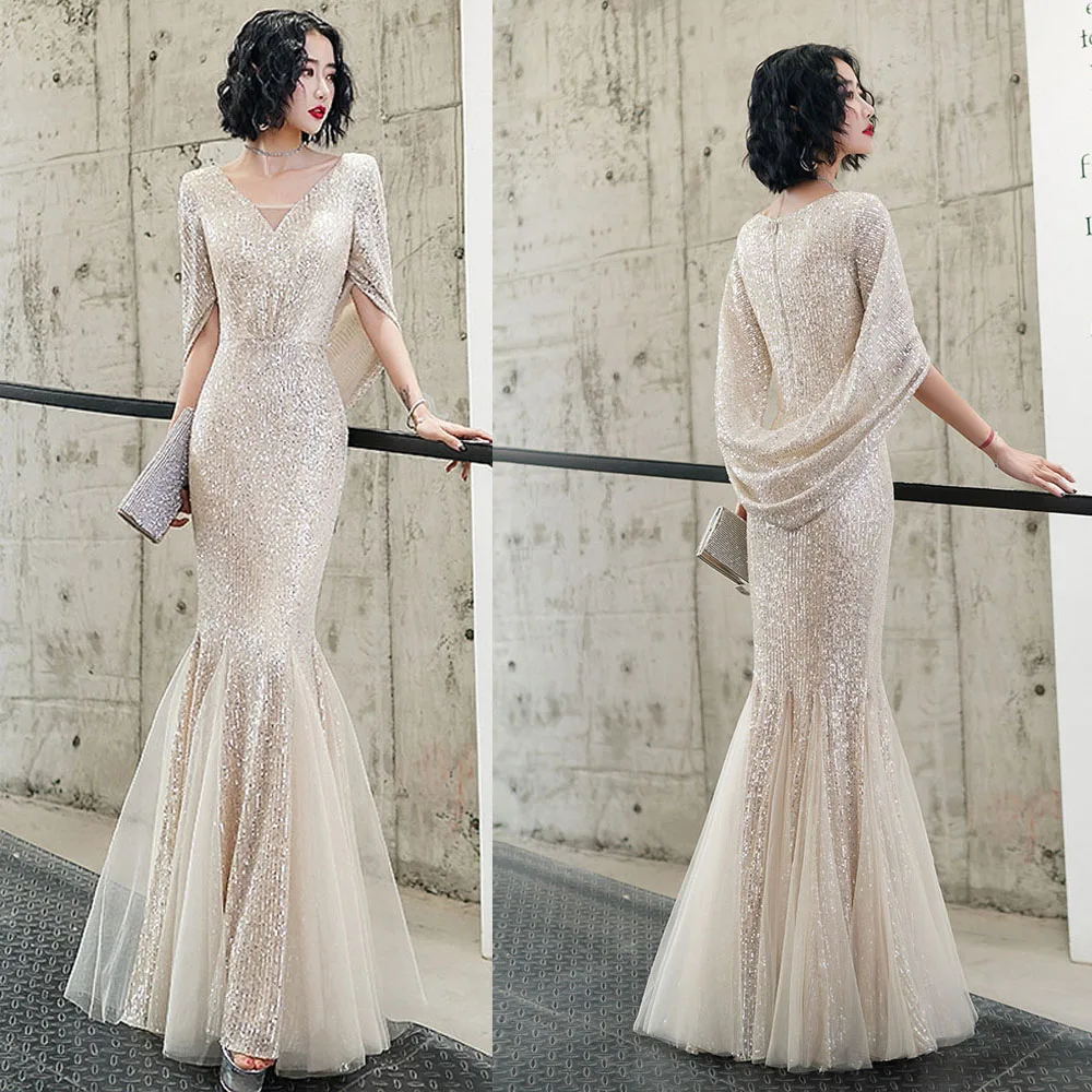 

V-neck Champange Evening Dresses Mermaid Elegant Party Prom Gowns Cape Sequins Formal Occasion Dress Half-sleeve Robe De Soriee