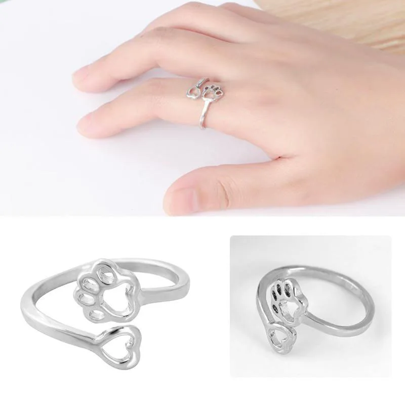 

New Fashion Women Girl Cute Simple Metal Love Heart Dog Foot Open Adjustable Rings Animal Style Hollow Paw Ring Jewelry WD384