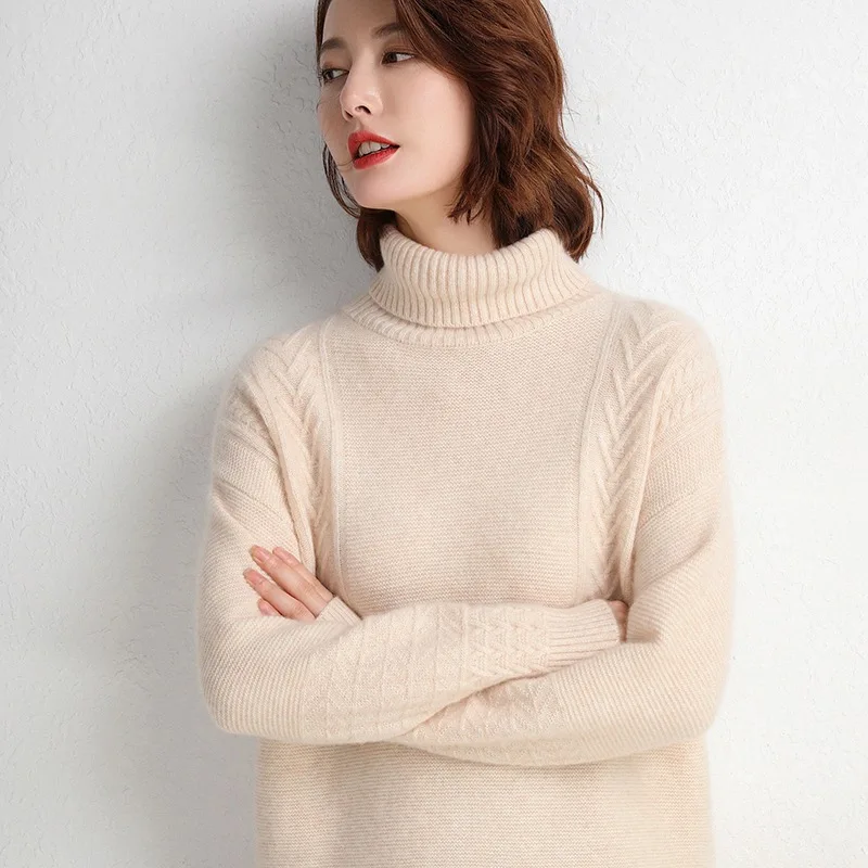 High Fold-down Collar Sweater Women's Loose-Fit Pullover Long-Sleeve Base Sweater Cable-Cool Mid-length Cashmere Sweater