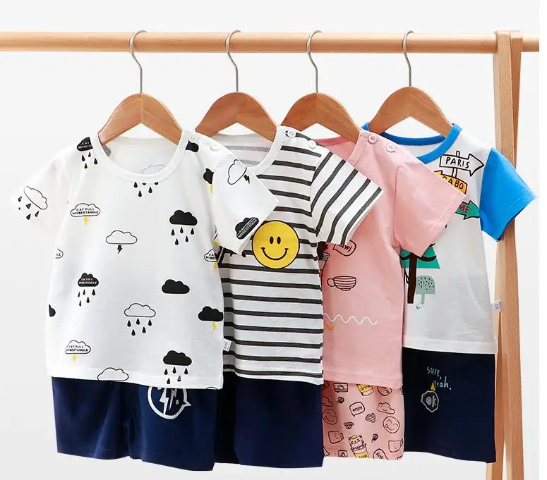 New Children's Short Sleeve T-shirt Set Summer Infant Boys Short Sleeve 2 Piece Set Pure Cotton Clothes Set Blue Elephant Outfit clothing sets black	