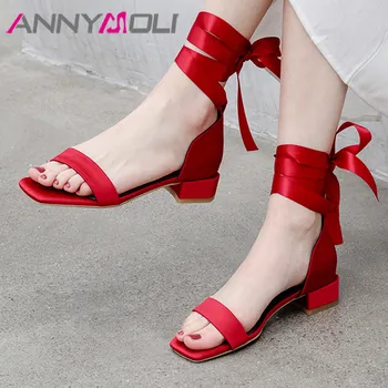 

ANNYMOLI Woman Sandals Cross Tied Med Heels Riband Square Toe Fashion Sandals Lace Up Thick Heel Ladies Shoes Summer Black Red