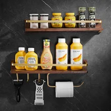 Solid wood kitchen accessories shelf free perforation wall-mounted multifunctional storage rack black walnut