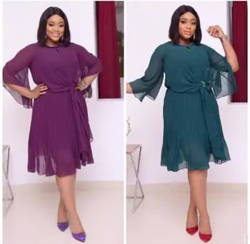 

Elegant Dashiki Dress Pleated Chiffon Bow Office Ladies African Bazin Muslim Abaya Maxi Robe Gowns Sexy Evening Party Djellaba