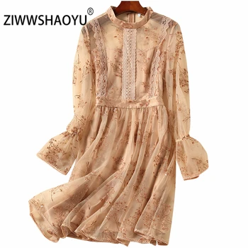 

ZIWWSHAOYU New Women's Spring Mesh Mini Dress Flare Sleeve Embroidery Sequined Hollow Out Female Fashion Casual Holiday Dresses