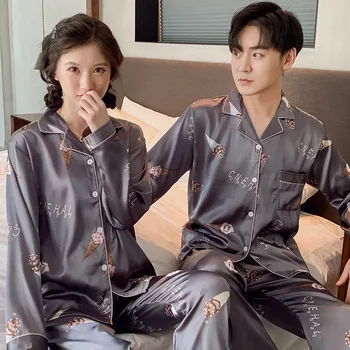 

New Couple Sleepwear Silk Satin Pajamas Set Long and Short Button-Down Pyjamas Suit Pijama Women Men Loungewear Plus Size Pj Set