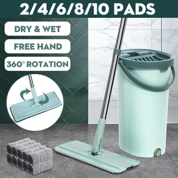 

Upgrade Mint Green Household Floor Cleaning Lazy Mop Automatic Hand-free Flat Squeeze Mop Bucket Set with 2 Pads Wet Dry House