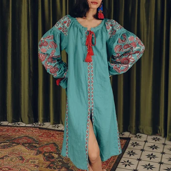 

TEELYNN long sleeve midi tunic dresses green floral embroidery 2020 vintage dress vestidos boho holiday Casual women dress robe